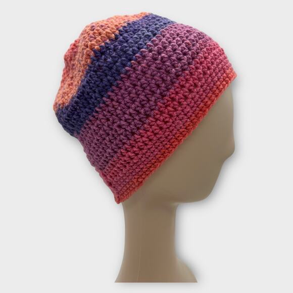 Womens beanie woven stripe colorful hat cap pink purple orange boho small - Picture 1 of 7